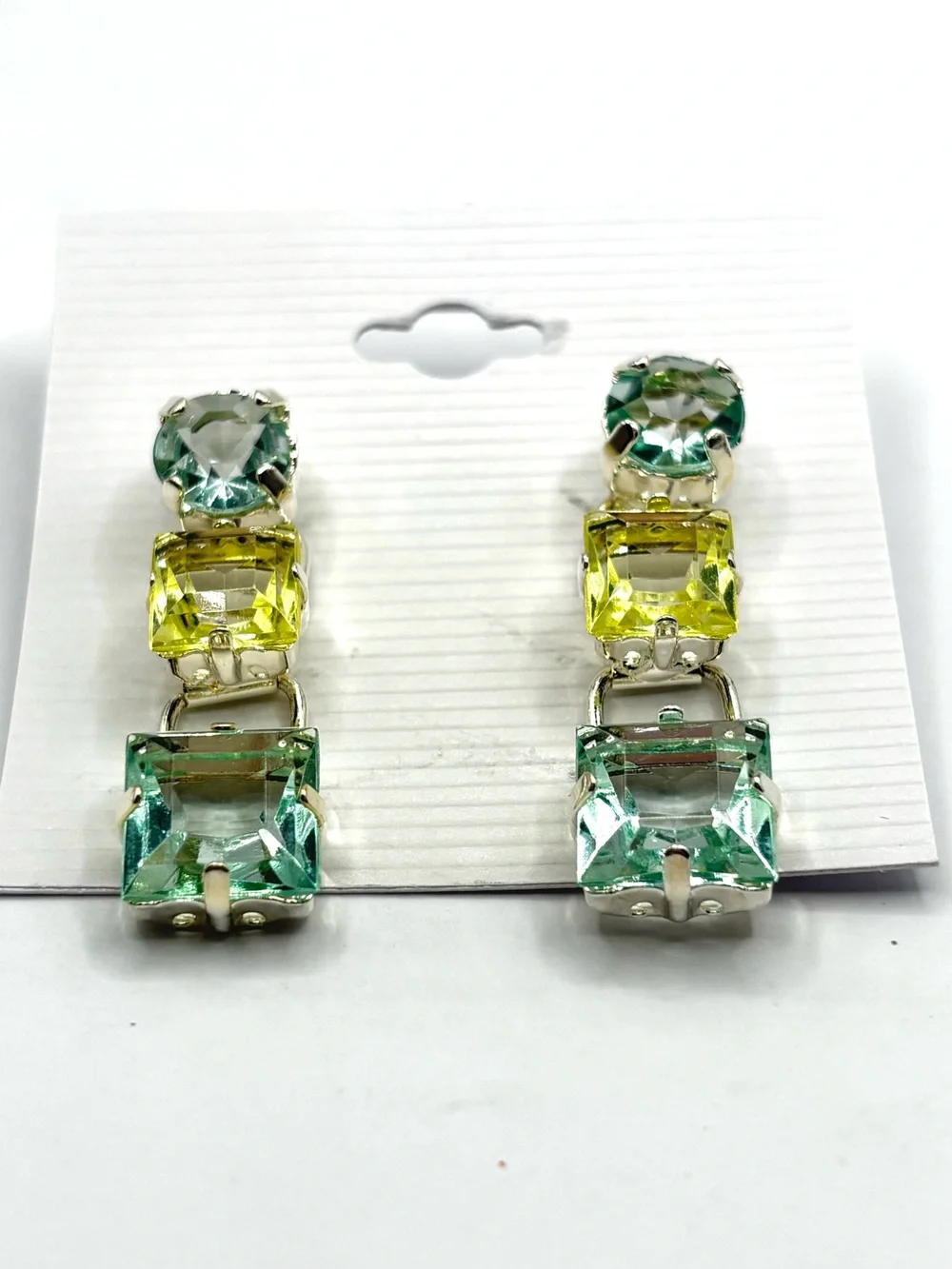 Tonal Green Yellow Crystal Tiered Square Drop Earrings in Silver Tone